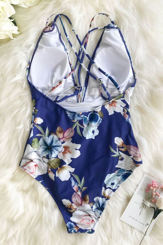 Photo 4 of Blue Floral Strappy One Piece Swimsuit Size Large NEW