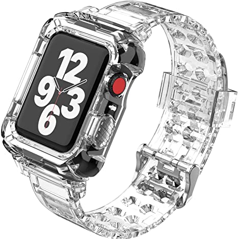 Photo 1 of Clear Band Compatible with Apple Watch 45mm 44mm 42mm 41mm 40mm 38mm with Bumper Case, Sports TPU Replacment Bands Compatible for iWatch Series 7 6 5 4 3 2 1 SE for Women Men, Drop-proof & Shock-proof
