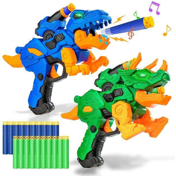 Photo 1 of 2 Pack Electric Blaster Guns Toy for Boys-Transforming Dinosaur Toys Gifts with 20 Foam Bullets Darts for Nerf Party Supplies-Hand Guns Set with Led Light for 4,5,6,7,8 Years Old Kids
