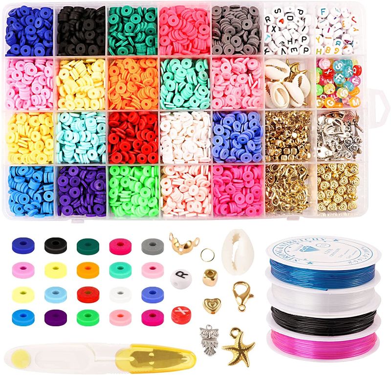 Photo 1 of 4460 Pcs Clay Flat Beads for Jewelry Making, 20 Colors 6mm Flat Round Polymer Clay Beads with Pendant and 4 Roll Elastic Strings, Bead Bracelet Kit for Bracelets Necklace Earring DIY
