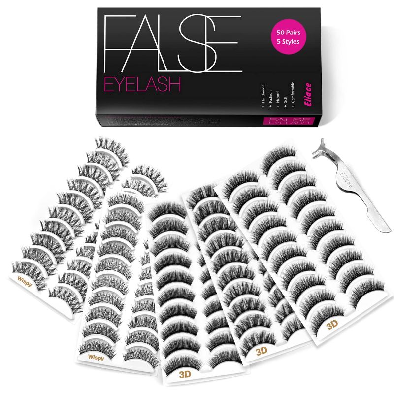 Photo 1 of Eliace Eyelashes, 50 Pairs 5 Styles 3D Mink Lashes Natural Look Wispy Cat Eye Lashes Bulk, Handmade False Eyelashes Set Makeup Professional Fake Eyelashes Pack, Light & Soft & False Lashes Tweezers MISSING TWEEZERS 
