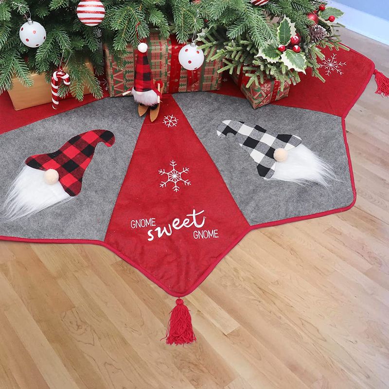 Photo 1 of 
USILAND 48 Inches Christmas Tree Skirt with 3D Swedish Gnome and Tassels, Double Layers Christmas Santa Tree Skirt for Xmas Holiday Party Decorations