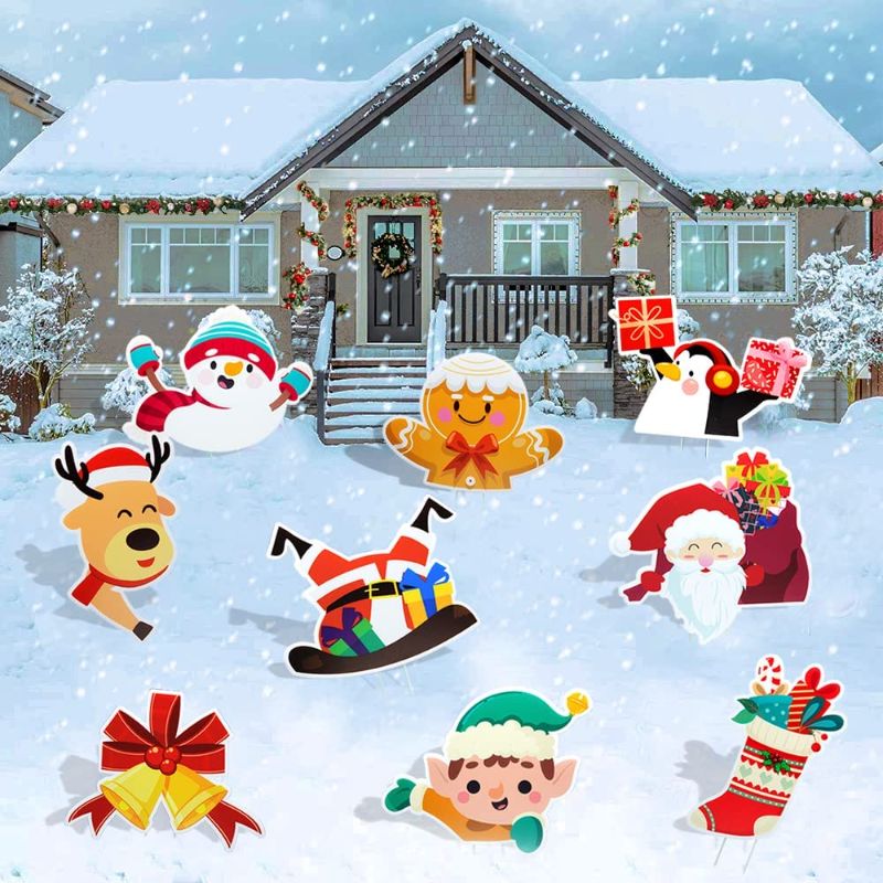 Photo 1 of 9Pcs Large Christmas Yard Signs Christmas Decorations Outdoor Christmas Yard Decorations Lawn Signs with Stakes Santa Claus Reindeer Snowman Ring Bell Gingerbread Signs Christmas Decorations Clearance