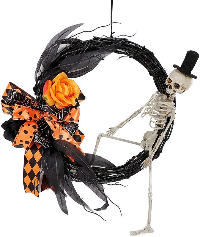 Photo 1 of 
PIKRONSH 14 Inch Halloween Grapevine Wreath with Scary Skeleton Artificial Roses Leaves and Bowknots, Front Door Wall Window Halloween Decoration