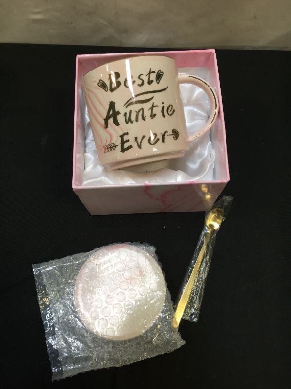 Photo 2 of Aunt Gifts from Niece and Nephew - Funny Birthday Presents for Auntie - Best Aunt Ever Pink Marble Ceramic Coffee Mug 11.5 Oz with Coaste