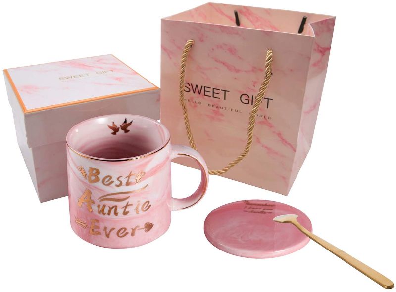 Photo 1 of Aunt Gifts from Niece and Nephew - Funny Birthday Presents for Auntie - Best Aunt Ever Pink Marble Ceramic Coffee Mug 11.5 Oz with Coaste