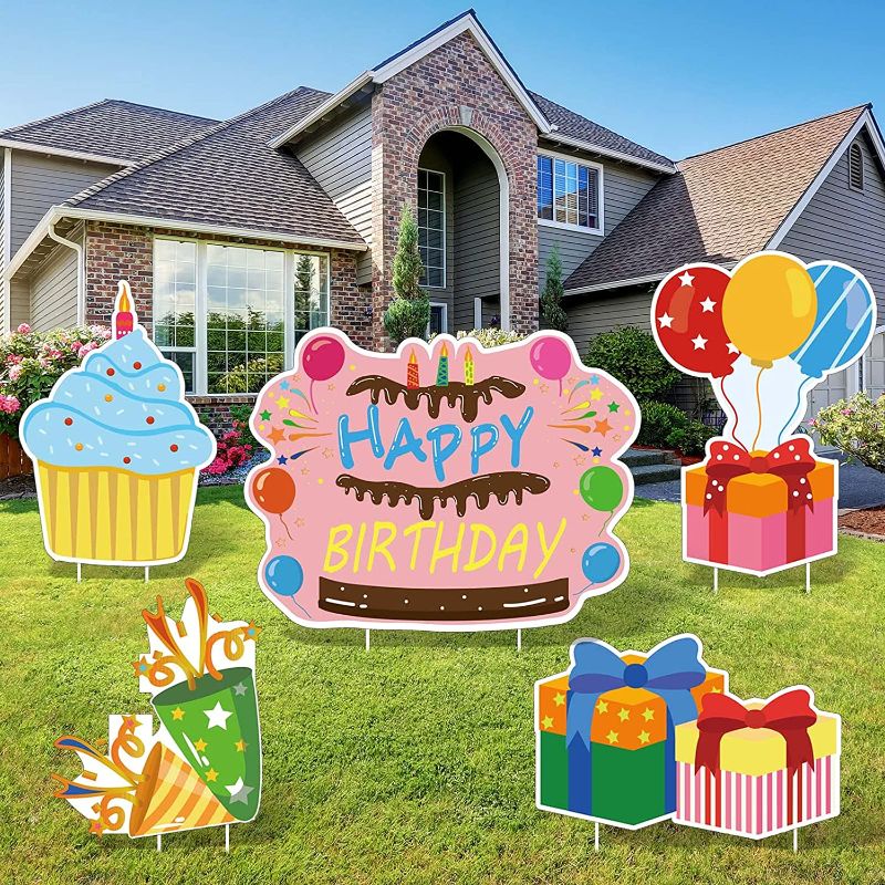 Photo 1 of 5Pcs Happy Birthday Yard Sign with Stakes, Large Colorful Balloon Chocolate Cake Gift Box Outdoor Waterproof Lawn Decorations, Kids Birthday Party Decor Supplies Photo Props for Outdoor Garden
