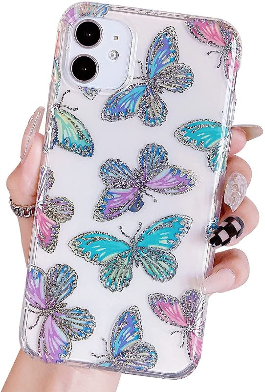 Photo 1 of Jmltech Compatible with iPhone 11 Case Cute Glitter Bling Butterfly Slim Hard PC with Clear Silicone Bumper Pattern Case for Women Girls for iPhone 11 with Glass Screen Protector (Butterfly)
