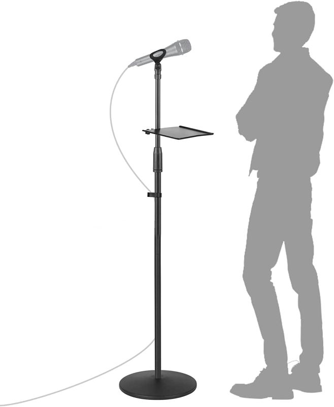 Photo 1 of OUKMIC Microphone Stand, Adjustable Karaoke Mic Holder for Singing, Universal Floor Standing Detachable Mike Stand with Weighted Round Base, Cable Clip, Barrel Mic Clip and Tray for Kids Adults
