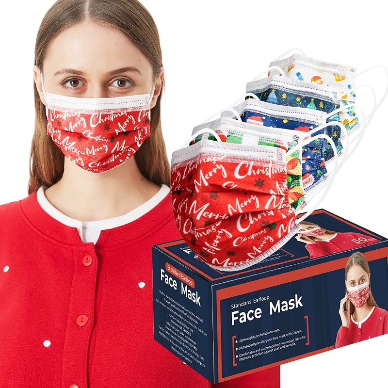 Photo 1 of 50 PCS Adult Disposable Face Masks with Nose Clip, 3 Ply & Adjustable Dust Masks (Christmas)
