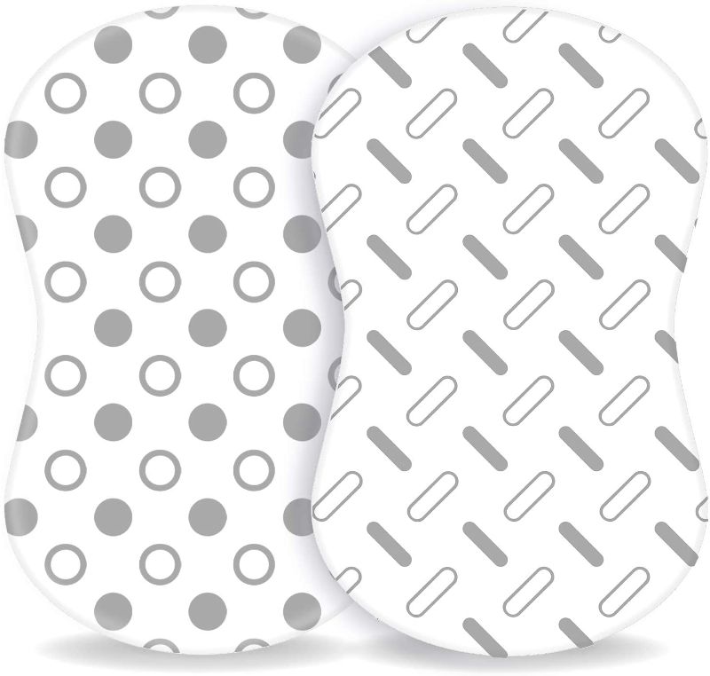 Photo 1 of Halo Bassinet Fitted Sheets Pack of 2 (ONLY for Thick Oval and Halo MATTRESSES Because Elastic of Current Inventory is Tight) - Organic Cotton Sheets for Baby Boy and Girl, White and Gray - size 33 x 18 x 4 inches 
