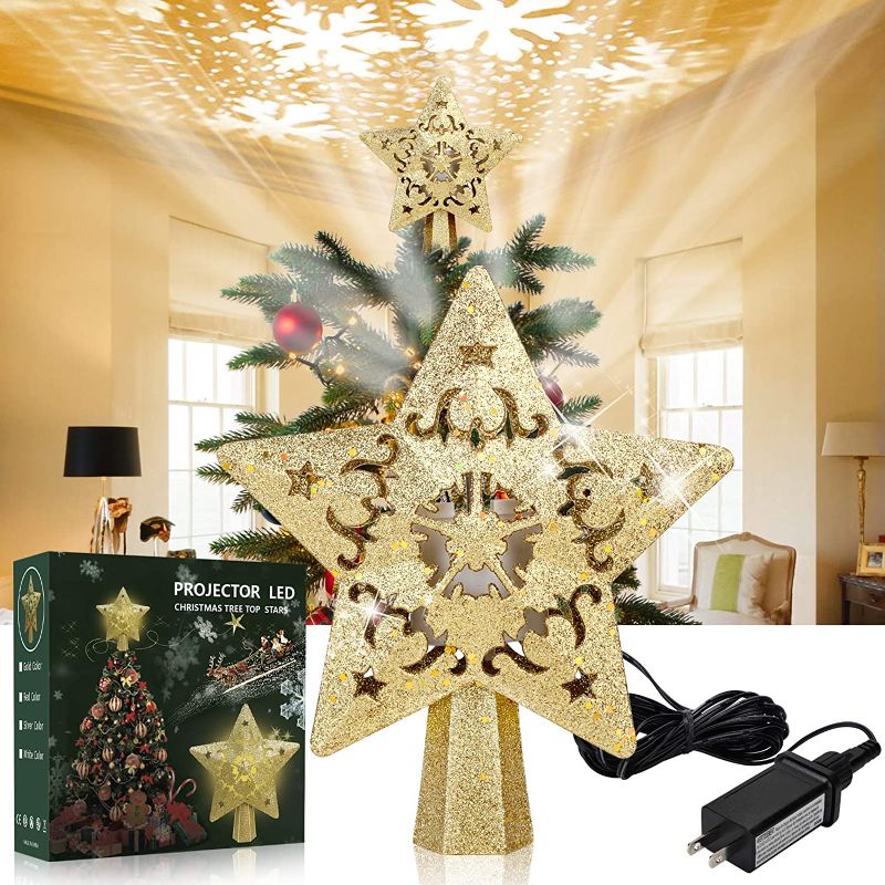 Photo 1 of ACMETOP Gold Star Christmas Tree Topper, Christmas Tree Star Topper with Rotating LED Snowflake Projector Light, Perfect for Christmas Tree Decoration, Home Decoration, Ideal Gifts (2021 Upgrade)
