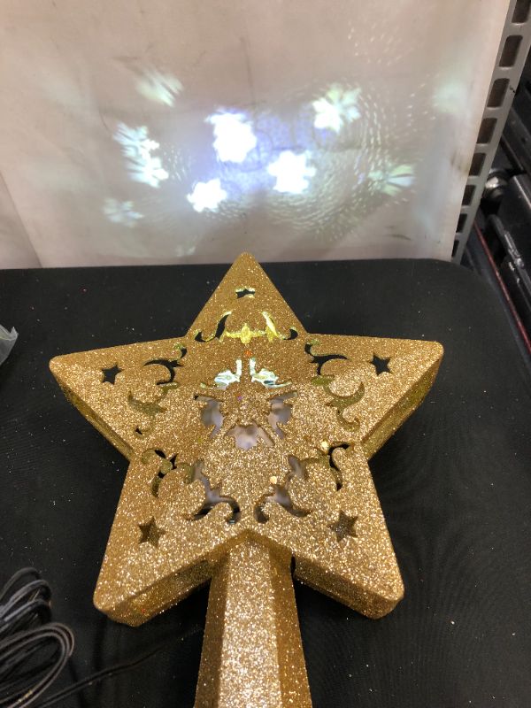 Photo 2 of ACMETOP Gold Star Christmas Tree Topper, Christmas Tree Star Topper with Rotating LED Snowflake Projector Light, Perfect for Christmas Tree Decoration, Home Decoration, Ideal Gifts (2021 Upgrade)