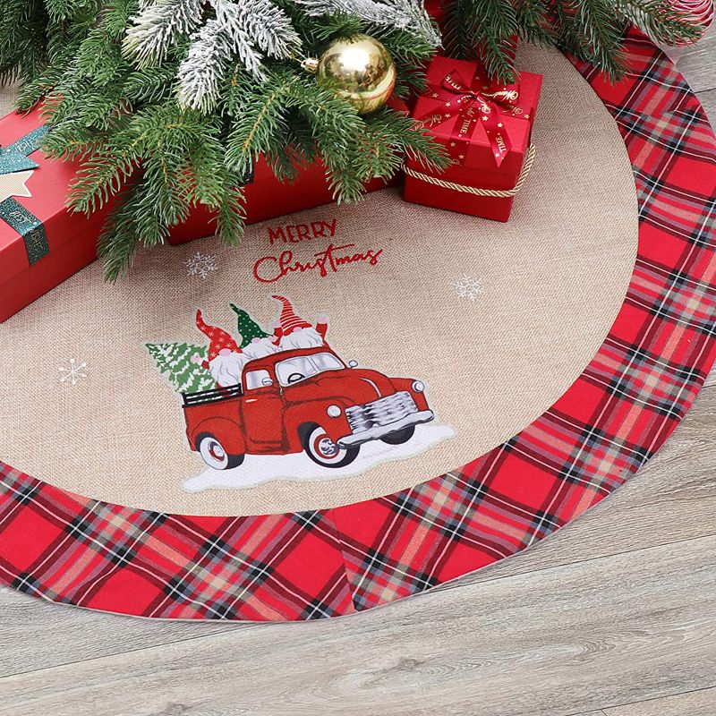 Photo 1 of 
QTDLXFA 32 Inch Burlap Christmas Tree Skirt Buffalo Plaid Border, Tree Skirt with Vintage Red Truck Santa Gnomes Christmas Tree Decoration