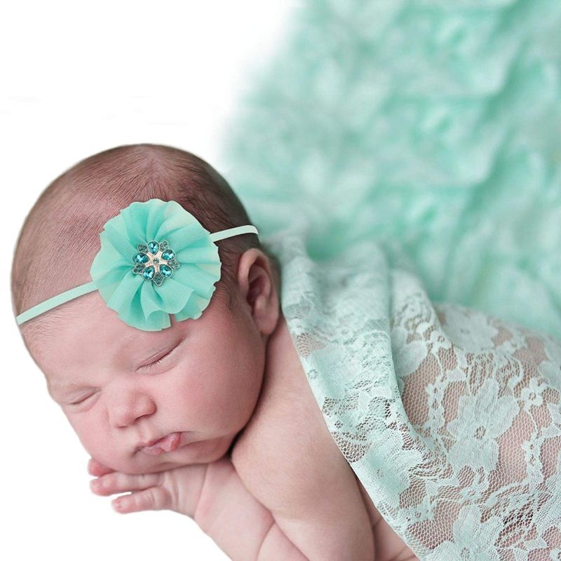 Photo 1 of Baby Photo Props Lace Wrap with 2 pcs Headbands Set, Professional Newborn Photography Props Floral Long Ripple Wrap (Mint Green)
