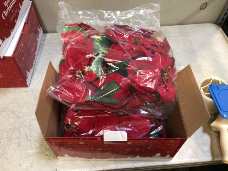 Photo 2 of HOMESEASONS Pack of 2 Pre-Lit Velvet Artificial Poinsettia 6 feet Garland with Red Berries and Holly Leaves - 3AA Battery Operated Indoor and Outdoor Use (2, Red)
