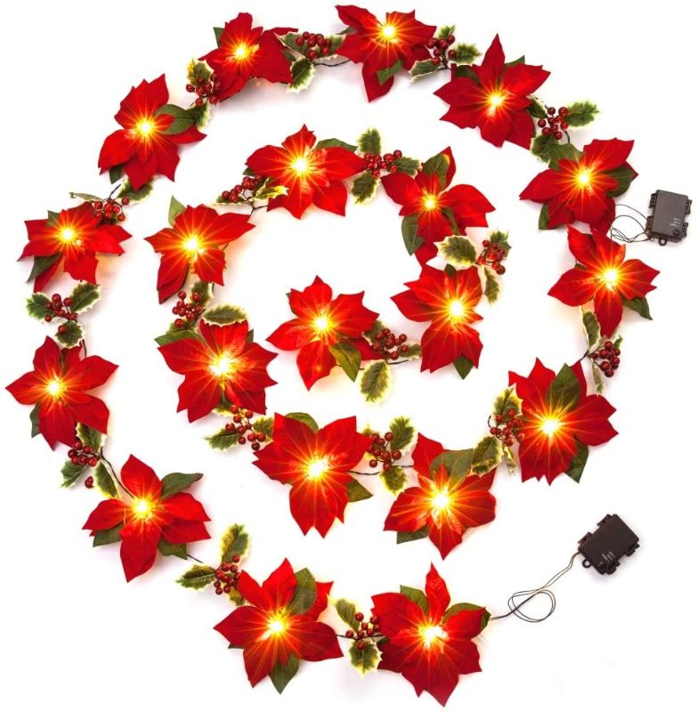 Photo 1 of HOMESEASONS Pack of 2 Pre-Lit Velvet Artificial Poinsettia 6 feet Garland with Red Berries and Holly Leaves - 3AA Battery Operated Indoor and Outdoor Use (2, Red)
