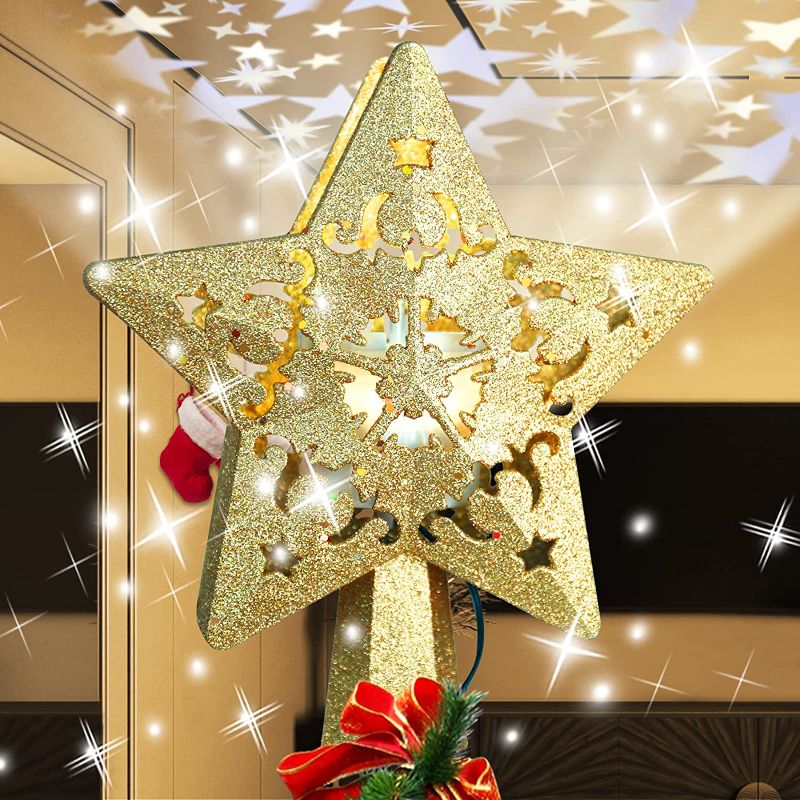 Photo 1 of FOGEEK Christmas Tree Toppers Gold Star Christmas Tree Topper Lighted Christmas 3D Glitter Rotating LED Hollow Glitter Projector Xmas Tree Toppers Tree Decorations for Christmas Indoor
