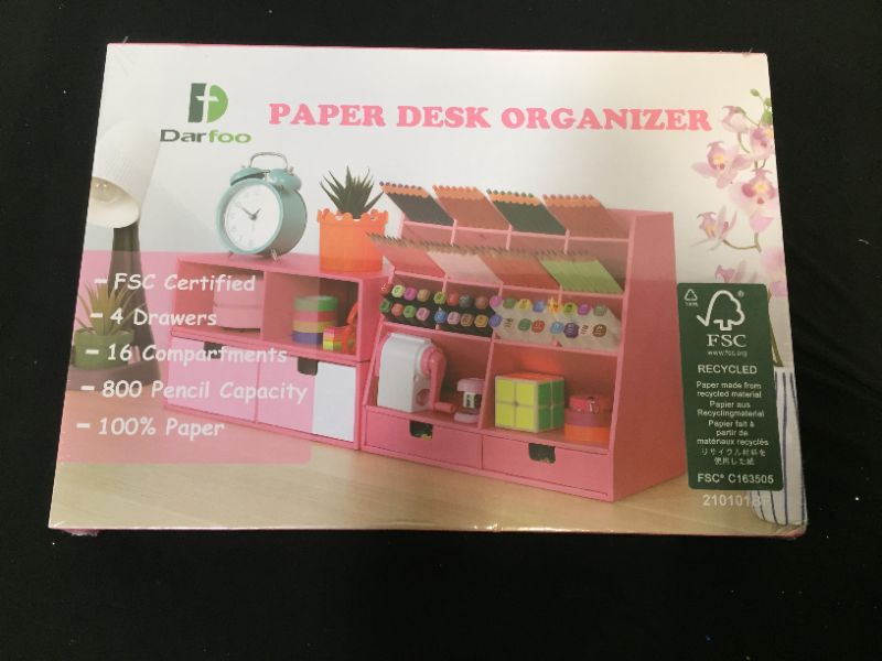 Photo 2 of Pink Desk Organizer and Accessories with 4 Drawers & 16 Compartments Twice Capacity - Art Supply Organizer for Home, School, Office Supplies, FSC Certified Cardboard, DIY Project, Easy Assembly
