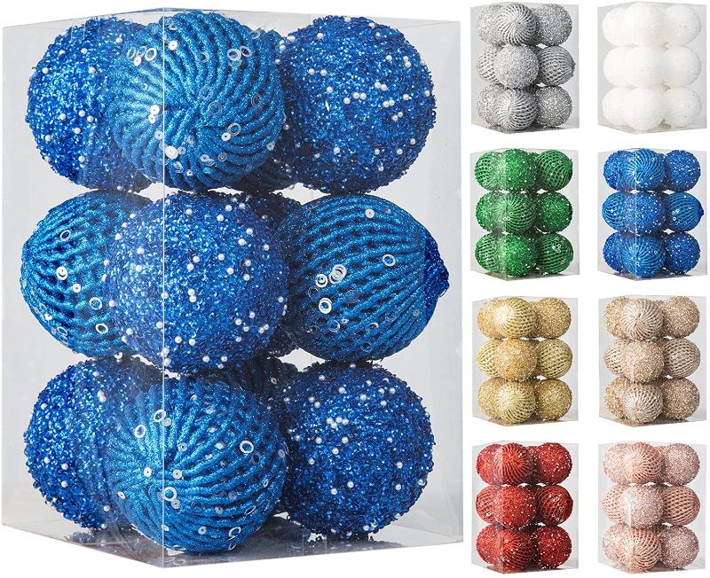 Photo 1 of 3.15" Christmas Ball Ornaments 12 pcs Glitter Sequin Foam Ball Shatterproof Christmas Decorations Tree Balls Xmas Hanging Balls for Xmas Trees Wedding Party Holiday Decorations(Sapphire)
