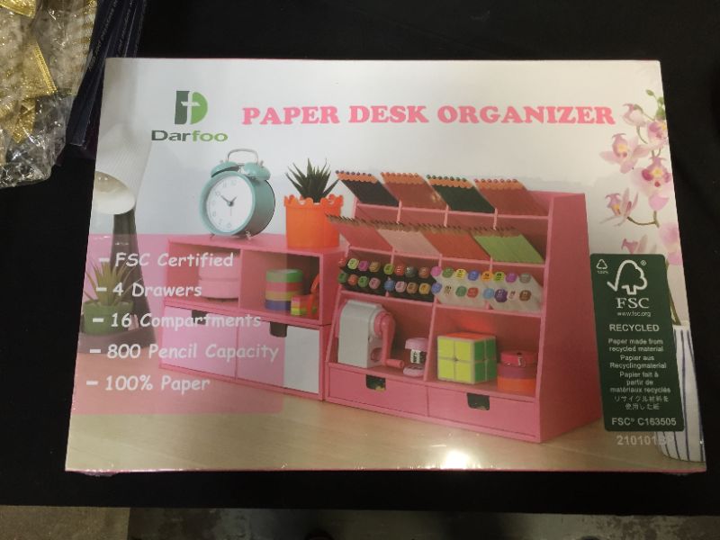 Photo 2 of Pink Desk Organizer and Accessories with 4 Drawers & 16 Compartments Twice Capacity - Art Supply Organizer for Home, School, Office Supplies, FSC Certified Cardboard, DIY Project, Easy Assembly
