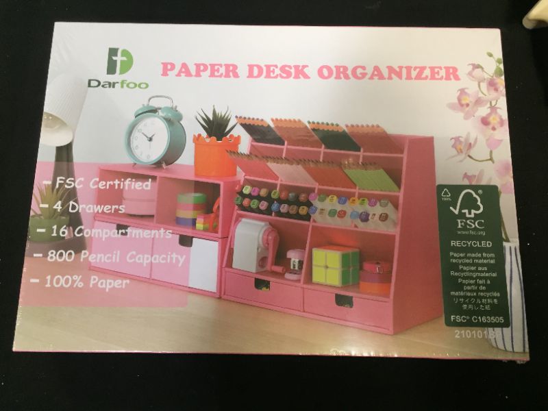Photo 2 of Pink Desk Organizer and Accessories with 4 Drawers & 16 Compartments Twice Capacity - Art Supply Organizer for Home, School, Office Supplies, FSC Certified Cardboard, DIY Project, Easy Assembly
