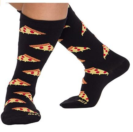 Photo 1 of Pizza Print Wide Calf Compression Socks - Graduated 15-25 mmHg Knee High Food Themed Plus Size Support Stockings Black PIZZA SIZE SMALL/MEDIUM PACK OF 10 SOLD AS IS