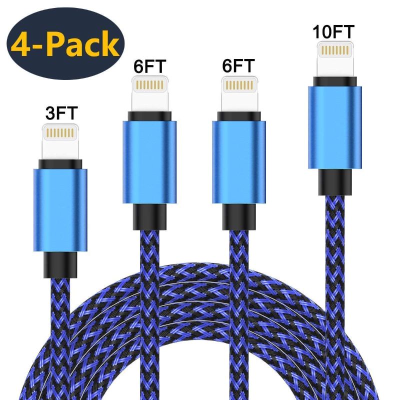 Photo 1 of Lightning Charging Cable 4Pack(3/6/6/10FT) Nylon Braided Charging Cable Cord USB Cable Charger Compatible iPhone Xs MAX XR 8 8 Plus 7 7Plus 6s 6sPlus 6 6Plus 5 5s 5c SE Pad Pod and More-Blue
