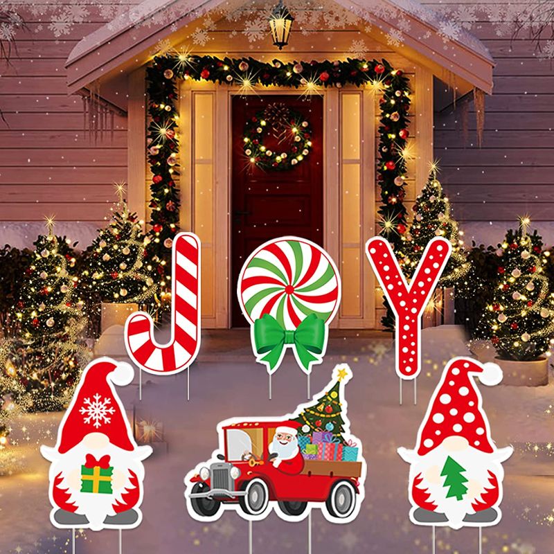 Photo 1 of 6PCS Large Joy Letter Christmas Yard Signs,Candy Joy Xmas Yard Signs with Stakes,Gnome Snowman,Vintage Red Truck Car for Christmas Decoration,New Year Holiday Party Decor Lawn Patio Yard Garden
