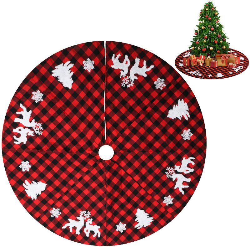 Photo 1 of ANWING Christmas Tree Skirt 48 Inch Burlap Tree Skirt with Black and Red Buffalo Plaid Holiday Tree Ornaments Home Office Decoration for Xmas Tree Decorations
