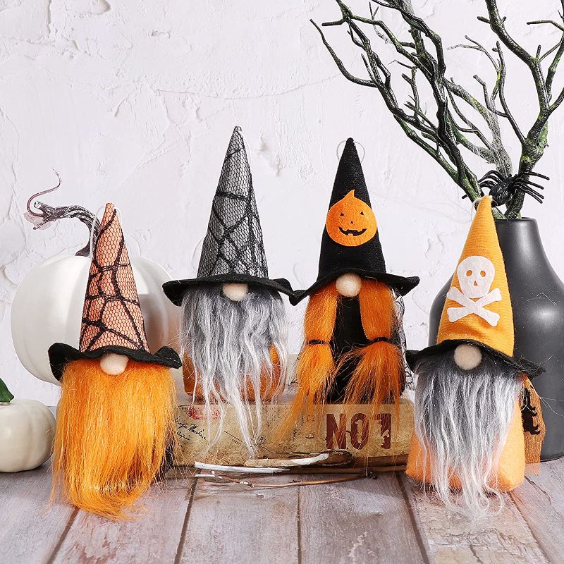 Photo 1 of APCHFIOG Mini Halloween Gnomes Plush Ornaments, Handmade Nordic Tomte Swedish Elf Nisse Scandinavian Tree Hanging Gnome for Holiday Party Home Table Decor Gift ,Pack of 4
