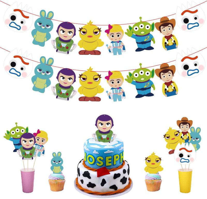 Photo 1 of 48pcs Toy Inspired Story DIY Cut-outs Party Decoration, Double Sided Toy 4th Centerpiece Sticks Table Topper for Kids, Party Banner Bunting Decor, Fork Buzz Cake Topper, Photo Booth Props
