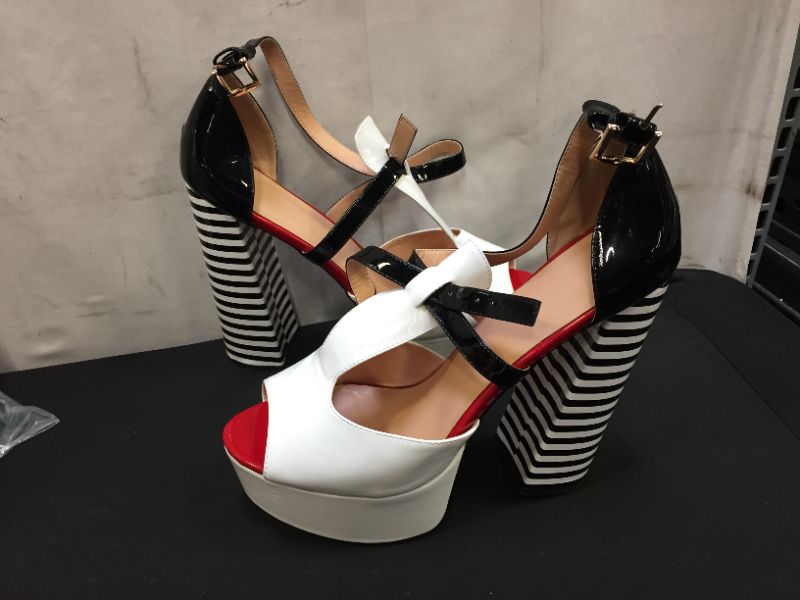 Photo 3 of (one of the hill shoe  is off needs glue) Onlymaker Women's Sandals Platform Peep Toe Chunky Square Heels Ankle Strap Sandals Black And White Stripes Party Fashion Shoes

