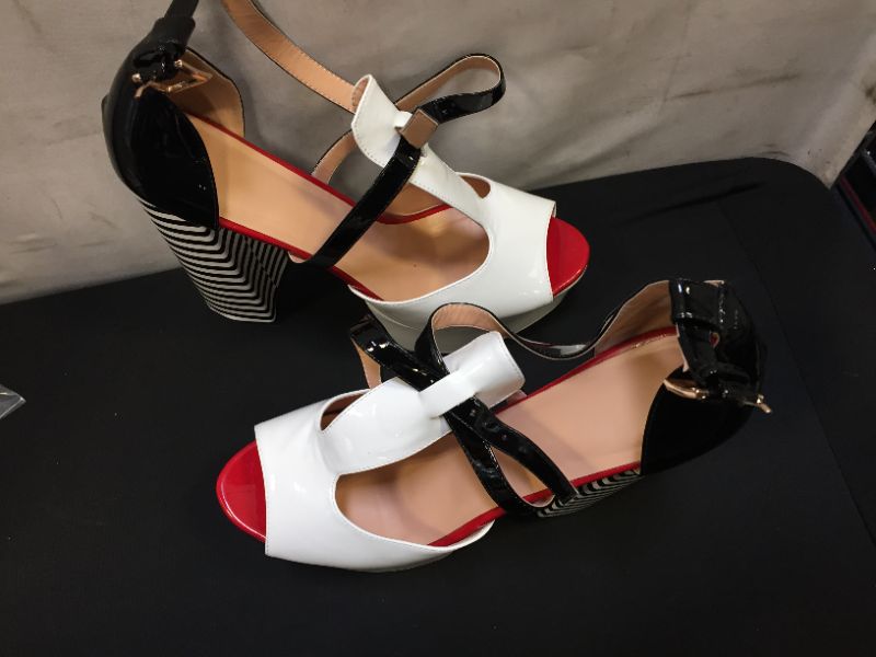 Photo 8 of (one of the hill shoe  is off needs glue) Onlymaker Women's Sandals Platform Peep Toe Chunky Square Heels Ankle Strap Sandals Black And White Stripes Party Fashion Shoes
