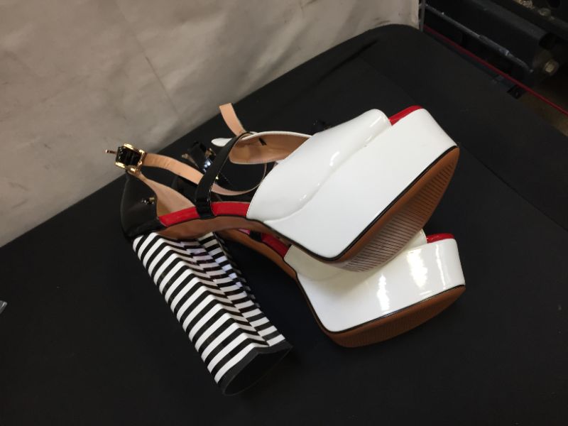 Photo 2 of (one of the hill shoe  is off needs glue) Onlymaker Women's Sandals Platform Peep Toe Chunky Square Heels Ankle Strap Sandals Black And White Stripes Party Fashion Shoes
