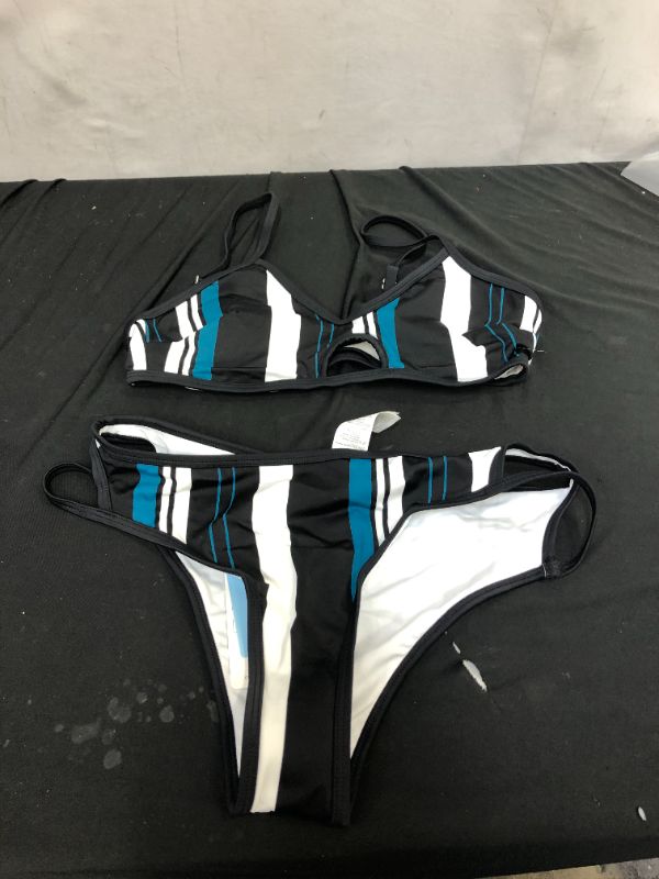 Photo 1 of Women's Blue White And Black Striped Bikini SIZE SMALL
