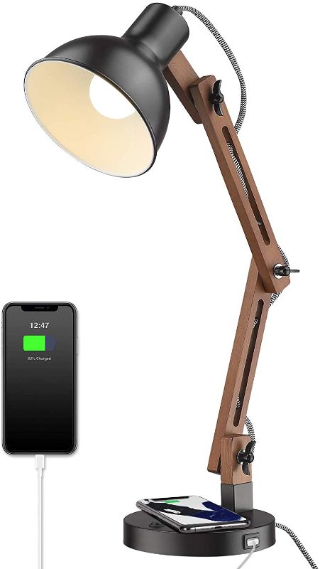 Photo 1 of ELYONA Wood Desk Lamp with Wireless Charging & USB Port, Swing Arm, LED Bedside Table Lamp for Bedroom, Adjustable Reading Task Lights for College Dorm, Office, Living Room, 5W Bulb Included, Black
