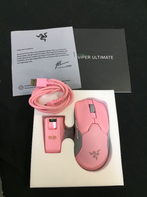 Photo 2 of Razer Viper Ultimate Lightweight Wireless Gaming Mouse & RGB Charging Dock: Hyperspeed Wireless Technology - 20K DPI Optical Sensor - 78g - Optical Mouse Switch - 70 Hr Battery - Quartz Pink
