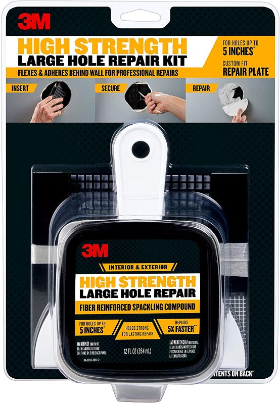 Photo 1 of 3M High Strength Large Hole Repair Kit with 12 fl. oz Compound, Self-Adhesive Back Plate, Putty Knife and Sanding Pad
