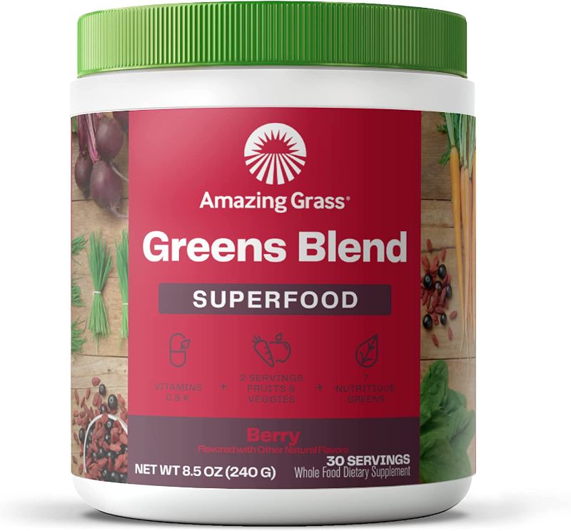 Photo 1 of Amazing Grass Greens Blend Superfood: Super Greens Powder with Spirulina, Chlorella, Beet Root Powder, Digestive Enzymes, Prebiotics & Probiotics, Berry, 30 Servings (Packaging May Vary)
EXP 04/23