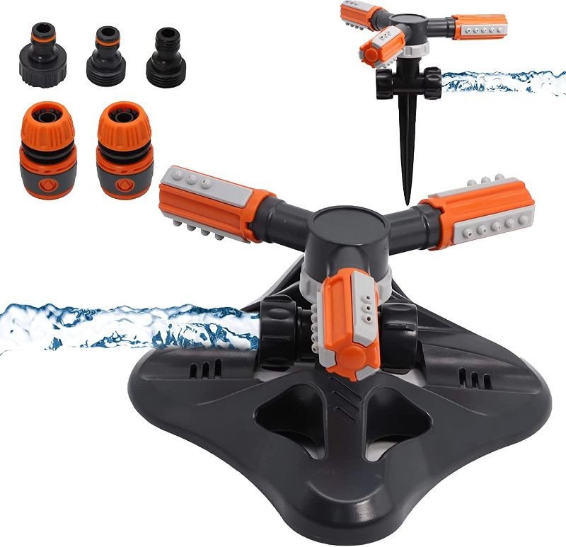 Photo 1 of Lawn Sprinklers for Yard 360 Degree Automatic Rotation Garden Water Sprinklers Lawn Irrigation System 4500 Square Feet Coverage Adjustable Angle Sprinkler for Kids Playing with 2 Different Base
