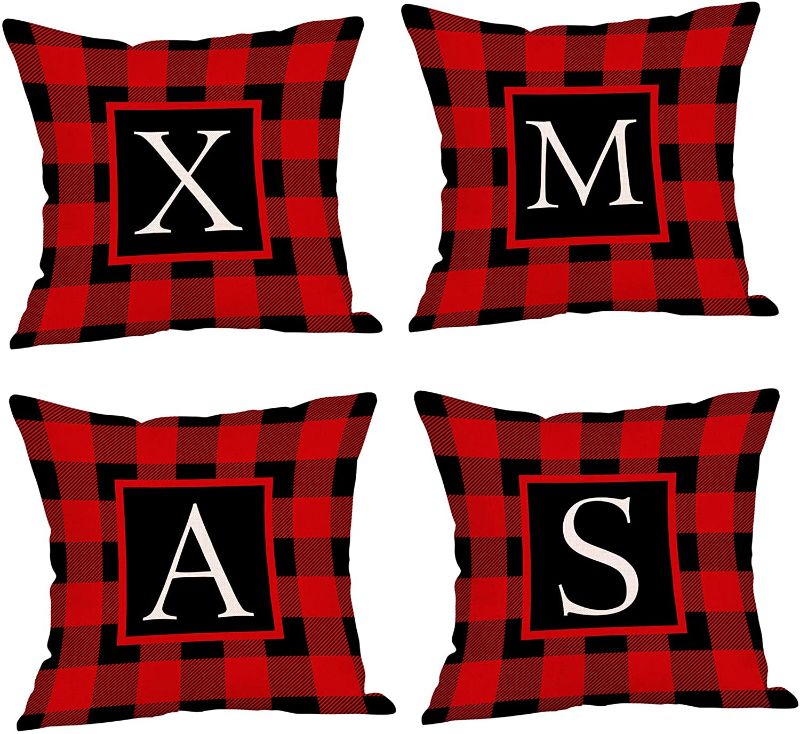 Photo 1 of decorbox Christmas Buffalo Plaid Check Throw Pillow Cover, Letter X M A S 18 x 18 Inch Decorative Cushion Case Set of 4, Farmhouse Home Decor Linen Xmas Outdoor Winter Decoration Pillowcase
