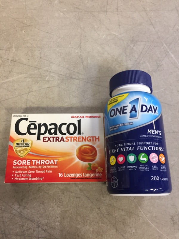 Photo 1 of 2PC LOT, MEDICATON/ VITAMINS
One a Day One-a-Day Men's Health Formula Tablets, 200 Ct | CVS EXZP 02/23

Cepacol Sore Throat Lozenges Extra Strength Tangerine 16 Each by Cepacol EXP 03/22