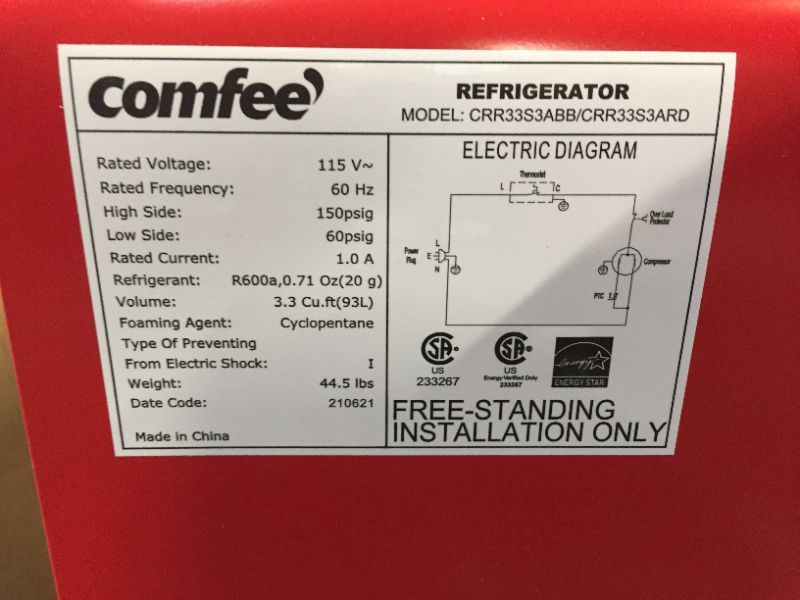 Photo 7 of Comfee 3.3 Cubic Feet Solo Series Retro Refrigerator Sleek Appearance HIPS Interior, Energy Saving, Adjustable Legs, Temperature Thermostat Dial, Removable Shelf, Perfect for Home/Dorm/Garage [Red]