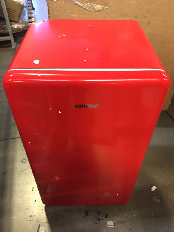 Photo 4 of Comfee 3.3 Cubic Feet Solo Series Retro Refrigerator Sleek Appearance HIPS Interior, Energy Saving, Adjustable Legs, Temperature Thermostat Dial, Removable Shelf, Perfect for Home/Dorm/Garage [Red]