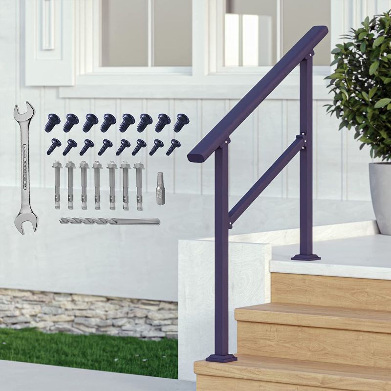 Photo 1 of 3 Steps Outdoor Hand Rails for Steps, Black Wrought Iron Handrail Kit
