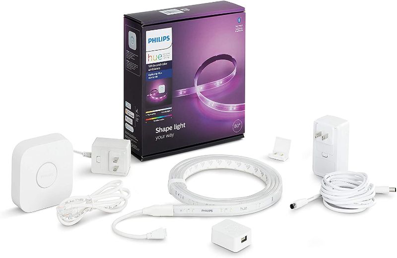 Photo 1 of Philips Hue Light Strip Starter Kit (80" Light Strip, Base Plug, Hue Hub), Compatible with Alexa, Google Assistant, White
