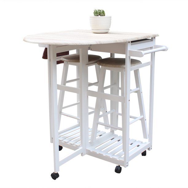 Photo 1 of FCH Kitchen Cart Foldable With Wooden Handle Semicircle Dining Cart With Round Stools White

