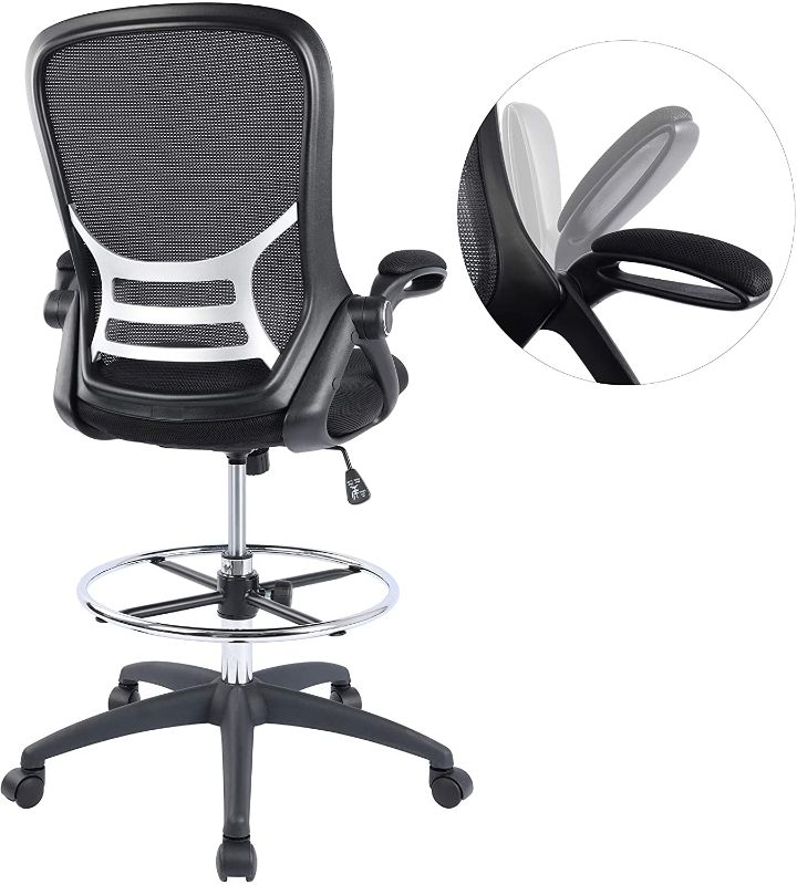 Photo 1 of Ergonomic High Back Mesh Drafting Chair, Tall Office Chair, Adjustable Ring Desk Stool with Flip Arms (Black)
