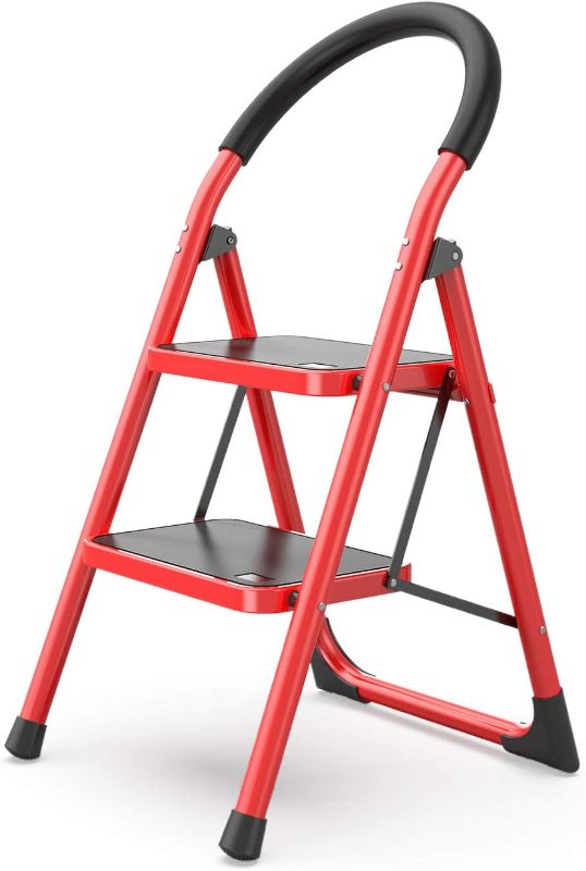 Photo 1 of 2-Step Folding Ladder with Non-Slip Pedal and Wide for Home and Kitchen Use, Space Saving (Red)
